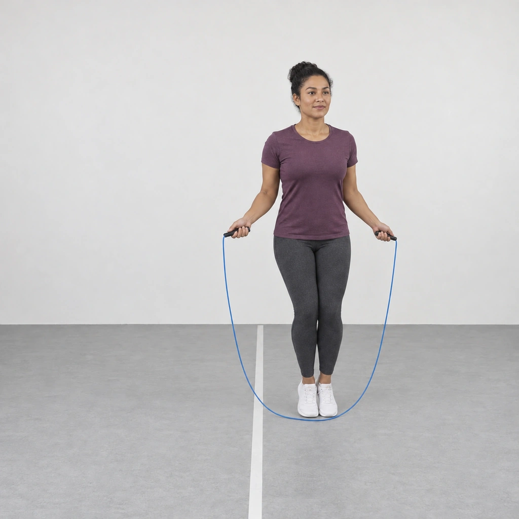 The same woman just landed on the other side of the taped line, feet together on the balls of her feet, the rope lying low in front of her toes.