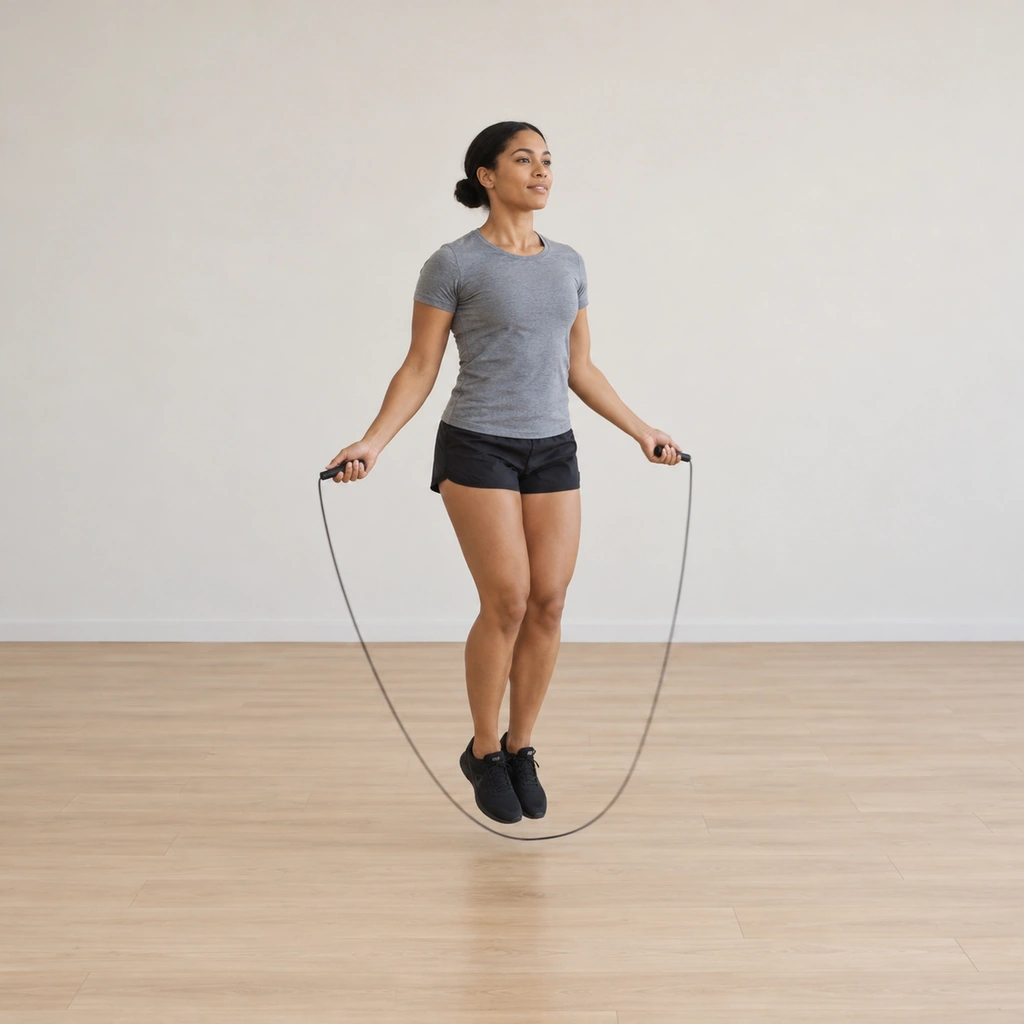 She is mid-jump over the fast-turning rope, both feet together under her, upright and light on the forefeet.