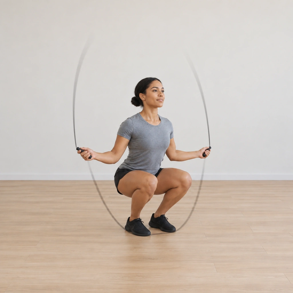 She is sinking into a low squat, hips dropping toward her heels, while the rope continues turning under her feet.