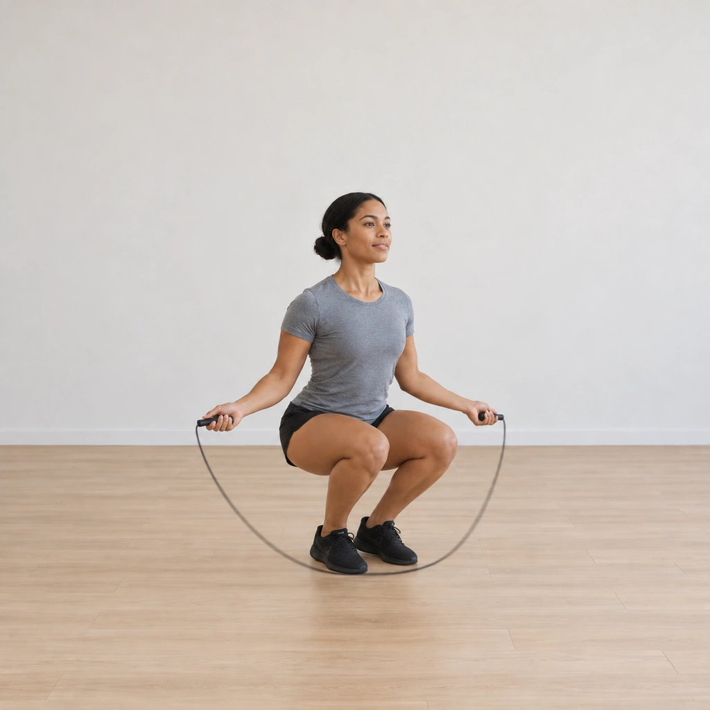 She is holding the low squat at depth, thighs below parallel, heels down, while the rope continues turning under her feet.