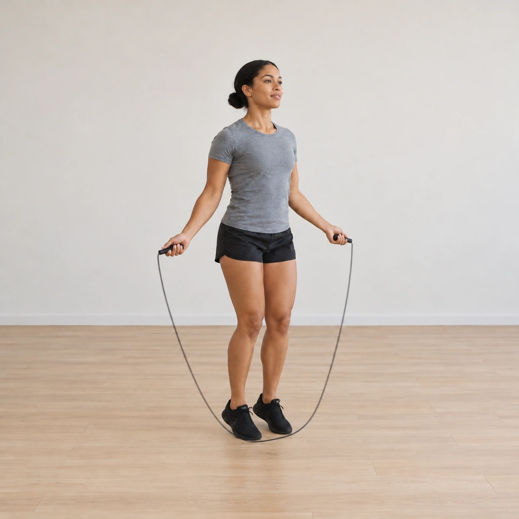 She is driving explosively out of the squat, extending the knees and hips back toward the jumping height, the rope still turning.