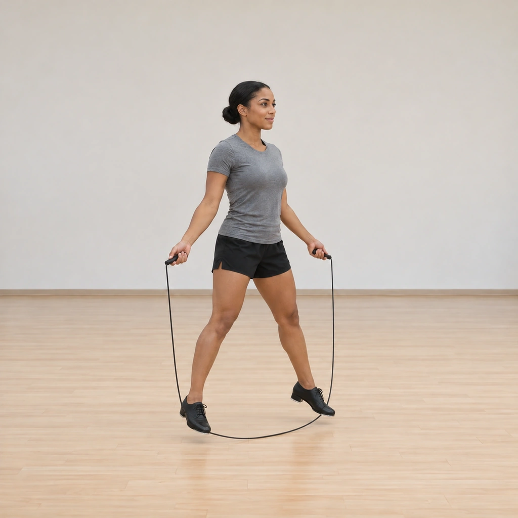 She lands with both feet open in a wide side straddle as the rope passes under her.