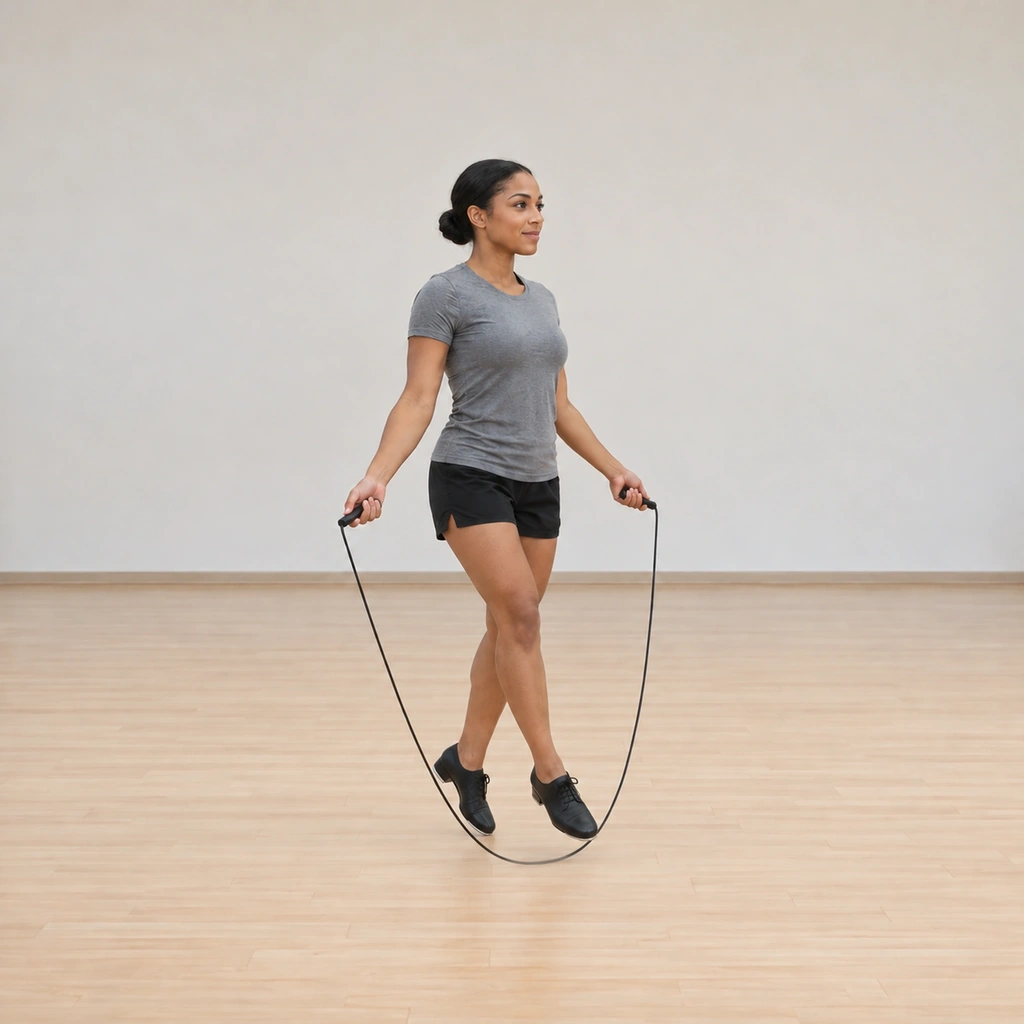 She lands with her right foot crossed in front of her left at the midline as the next rope pass clears.
