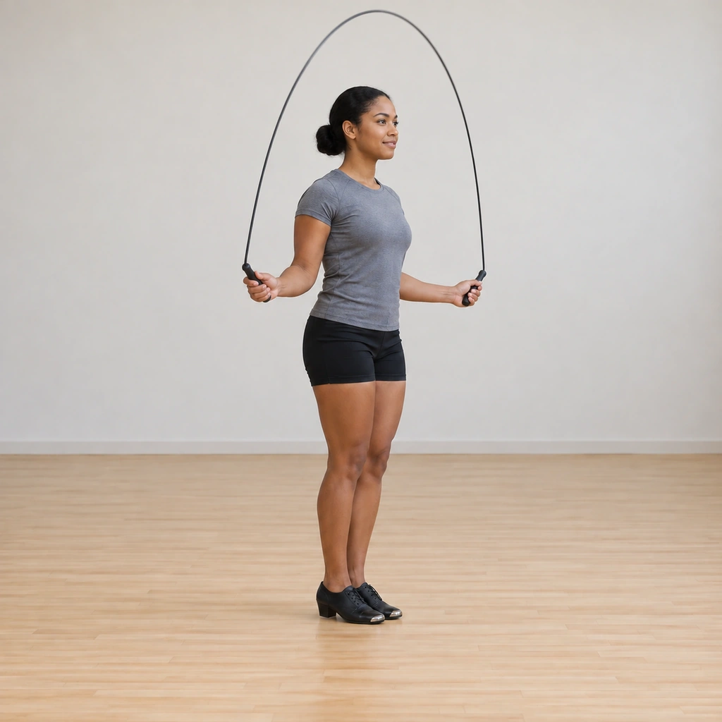 Her rope turns up and over her head toward her feet, the arc descending in front.
