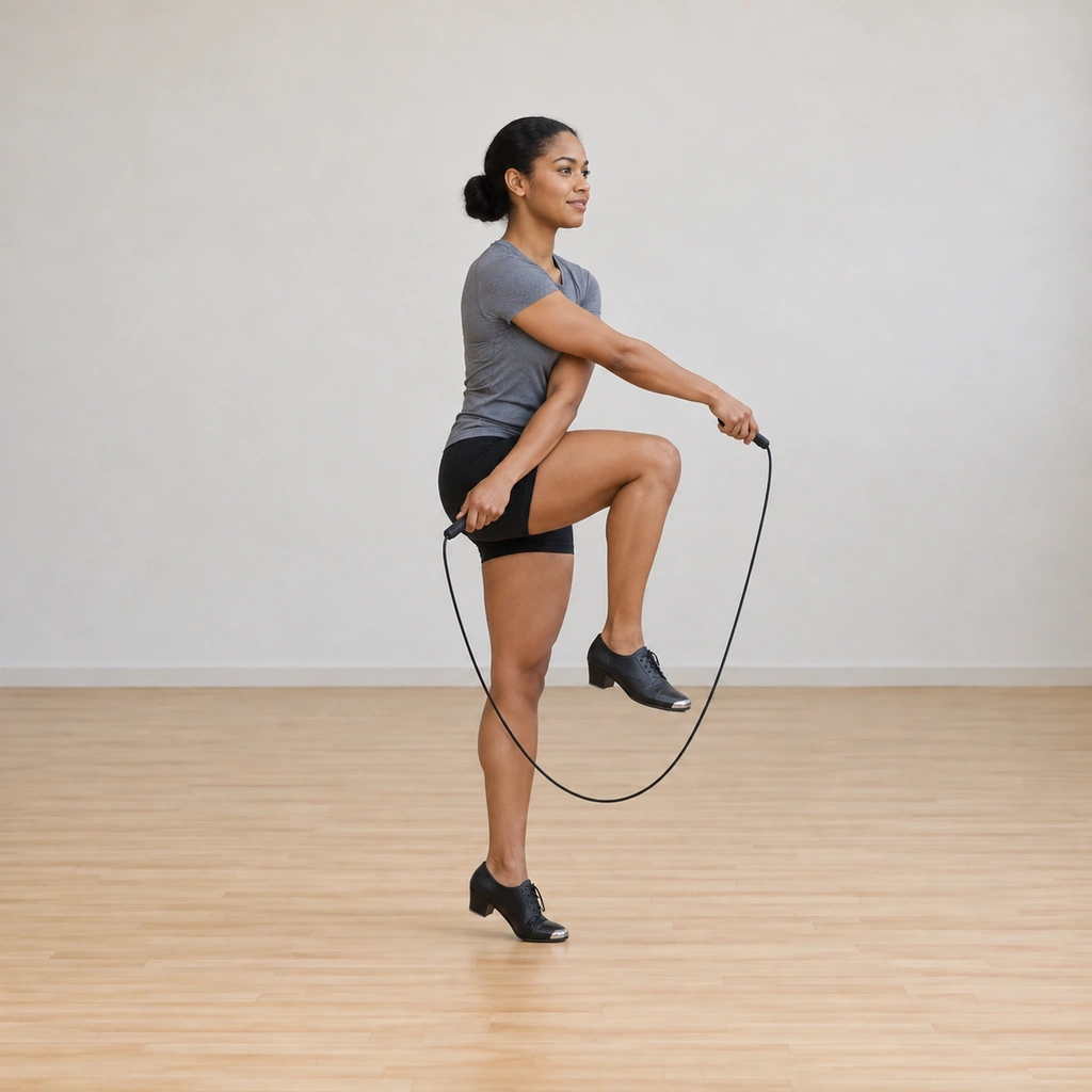 Her right leg is raised while the rope turns, the right arm passing over the raised leg and the left arm under it.