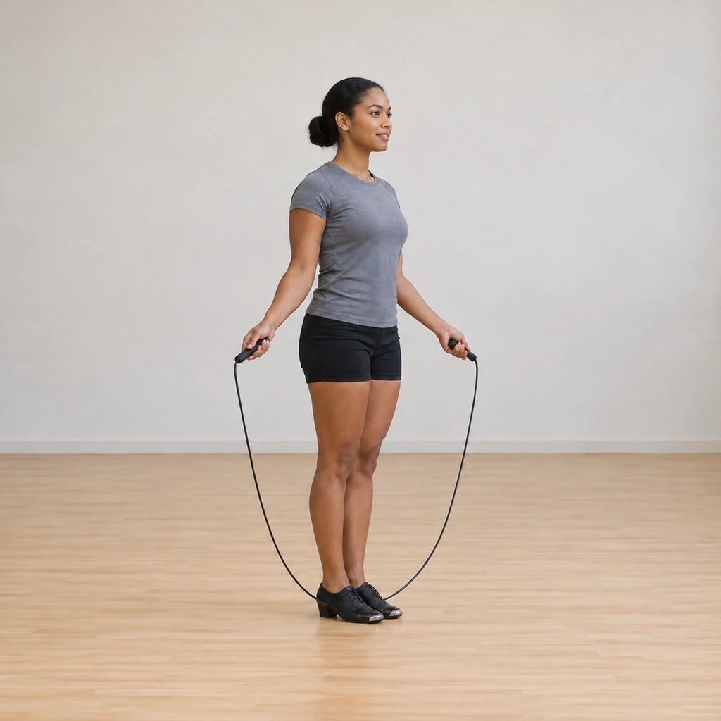 Her arms open as the raised foot lowers and the rope completes its pass beneath her.