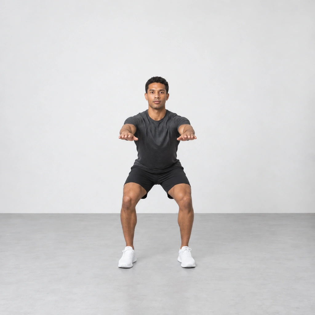The same man in a squat with his hips sitting back, his knees bent over his feet, and both arms reaching forward at shoulder height.