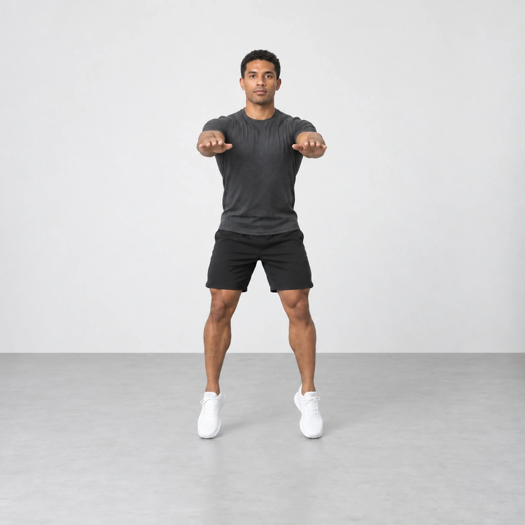 The same man pushing up off the balls of both feet with his heels lifted, his legs extending and both arms still reaching forward.