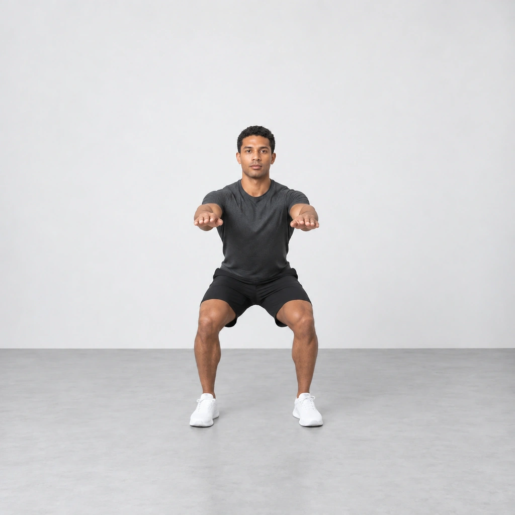 The same man landing with both feet back on the floor, his knees bending to absorb the landing and both arms still reaching forward.