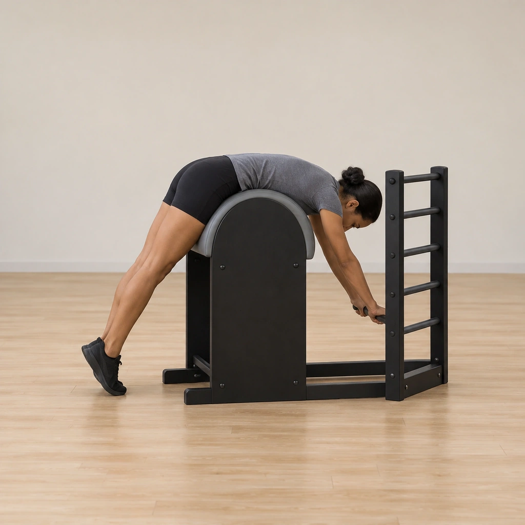She drapes over the barrel with her waist at the apex, both hands holding the bottom rung with straight arms, head down, legs long and together reaching toward the floor on the far side.