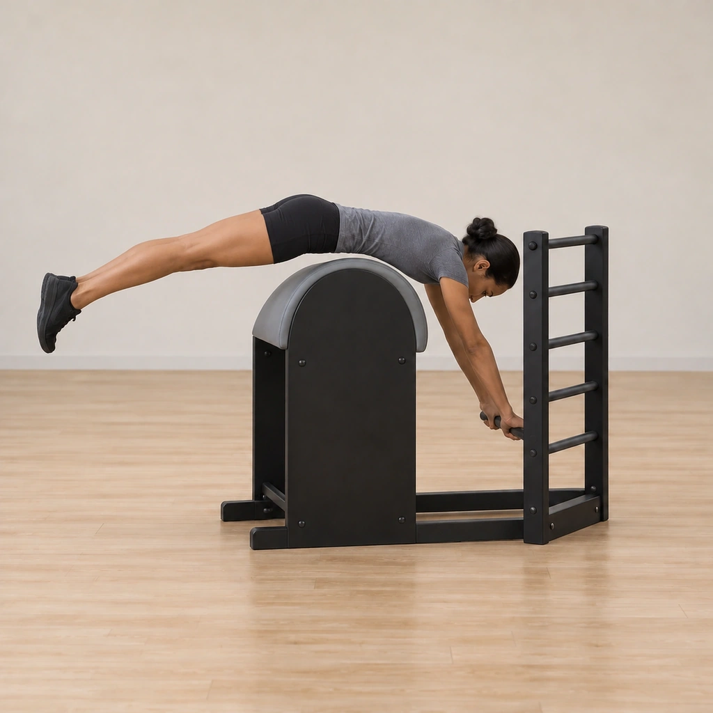 Her whole body levitates up off the barrel in one long line, her straight arms holding the bottom rung, her head still down and her legs reaching long and together.