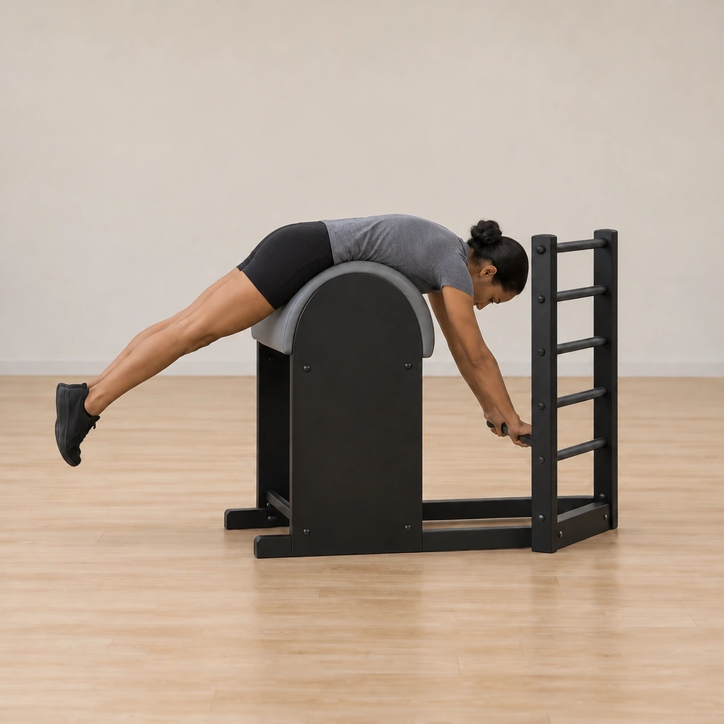 Her body lowers with control back onto the barrel in the same long line, her hands on the bottom rung, head down and legs long together.