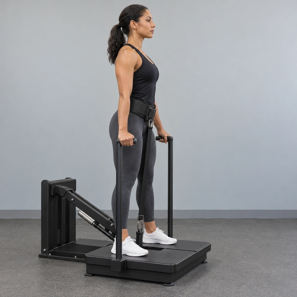 A woman standing tall on a squat machine's platform, a belt around her waist hooked to a machine arm behind her, both hands on fixed handles.