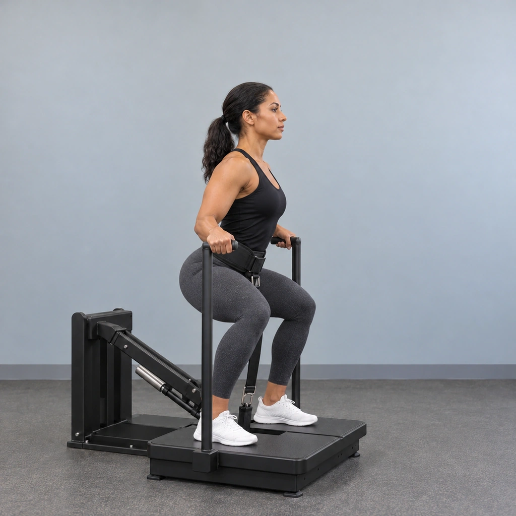 The same woman, now lower on the same platform, knees bent, torso upright, the belt strap pulled more taut, both hands still on the handles.