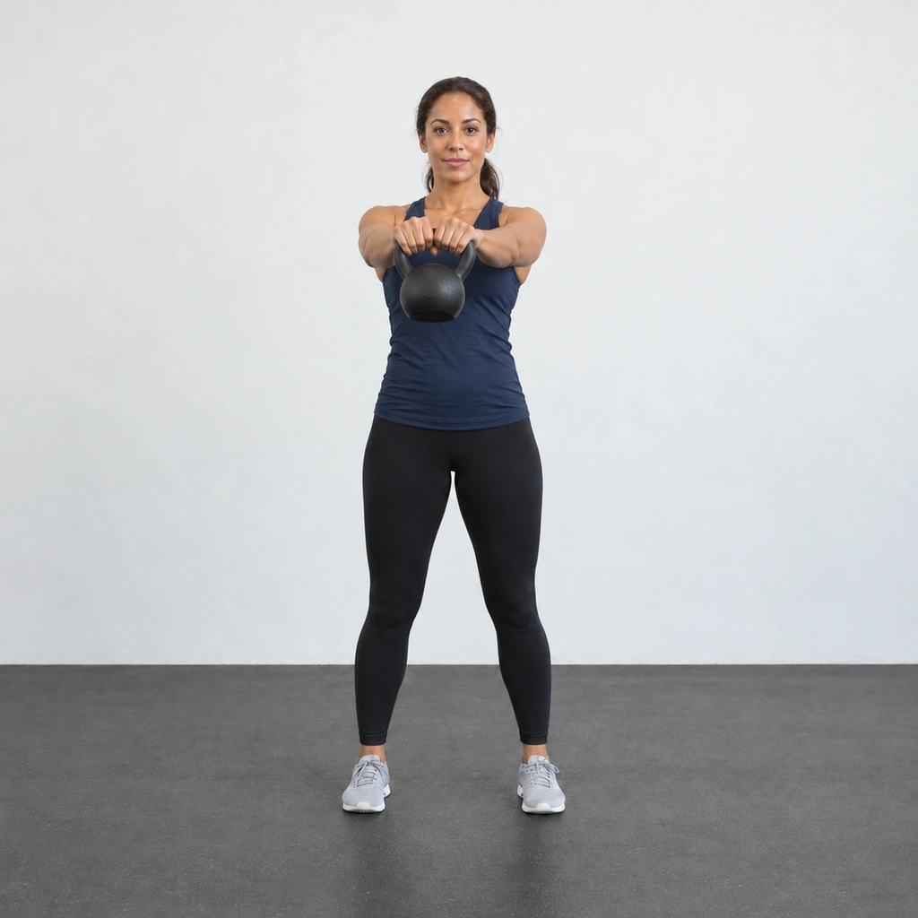 The same woman with the kettlebell held out in front of the middle of her chest in both hands, arms extended.