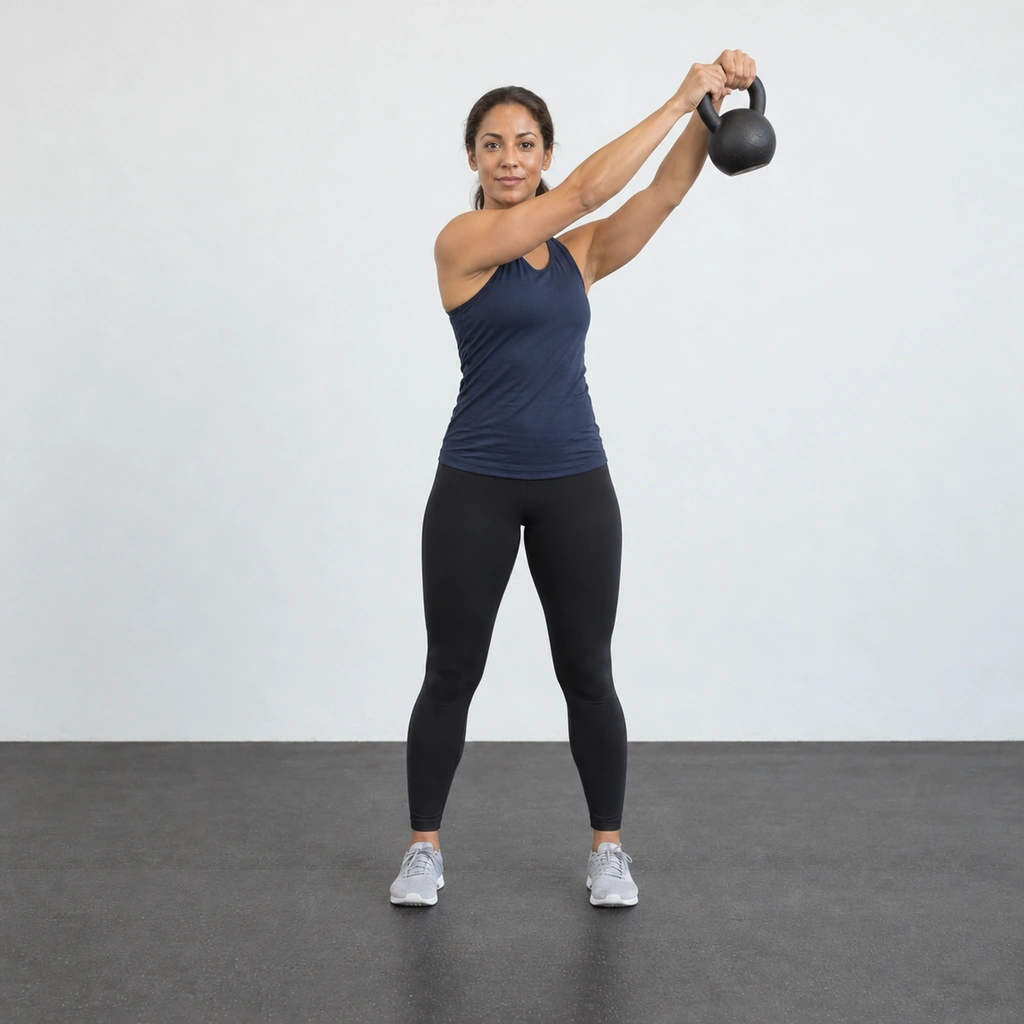 The same woman with the kettlebell lifted in both hands to above her left shoulder, the arms extended diagonally up.