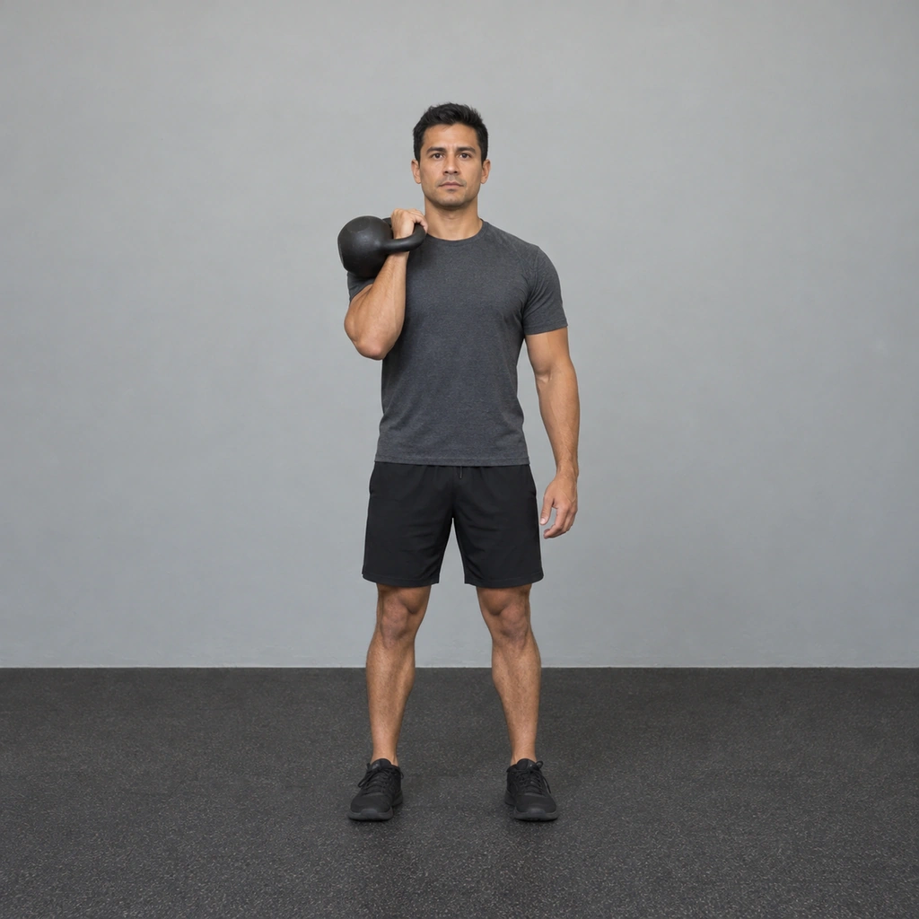 A man standing with a kettlebell held at his right shoulder, elbow bent, palm facing his own body.