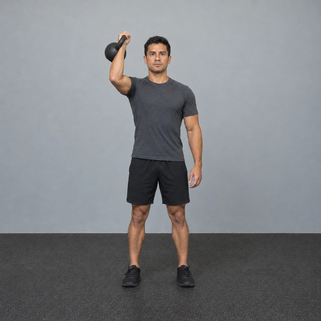 The same man, the kettlebell now partway up beside his head, his wrist visibly turning.