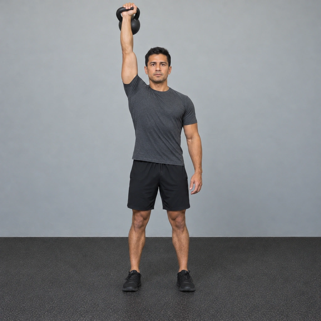 The same man, the kettlebell now locked out directly overhead, his palm facing forward.