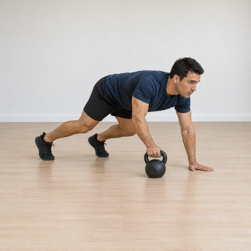 His right hand has gripped the kettlebell handle under his body while his left hand and both feet hold the hovering crawl.