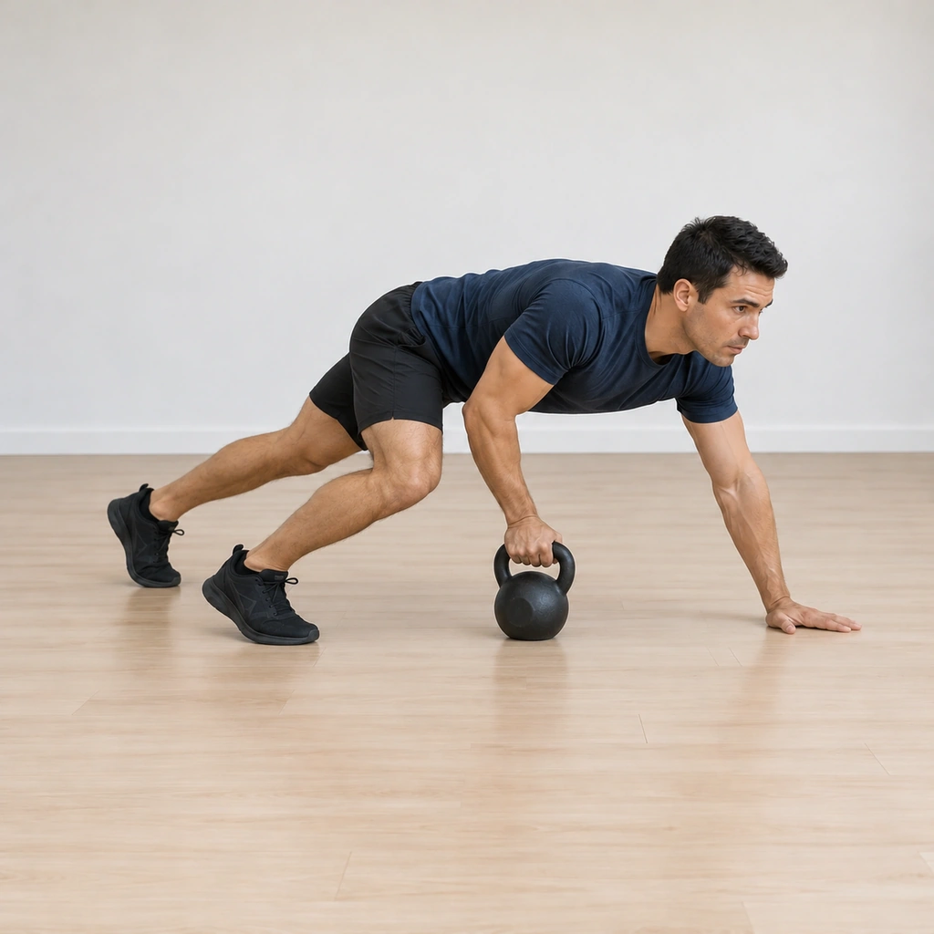 He crawls forward, hands and feet stepping ahead, the kettlebell sliding along the floor in his right hand beneath him.