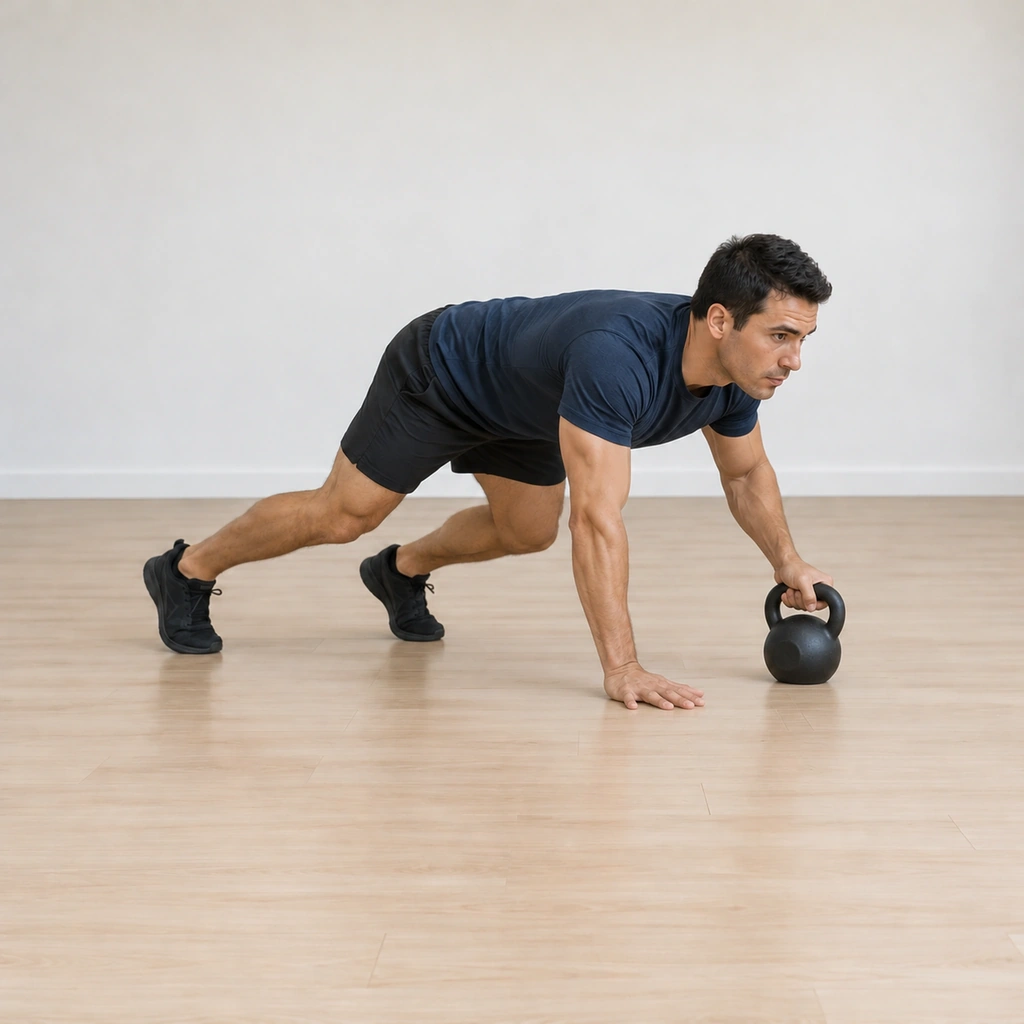 He has transferred the kettlebell to his left hand under his body while his right hand plants on the floor, the crawl continuing forward.