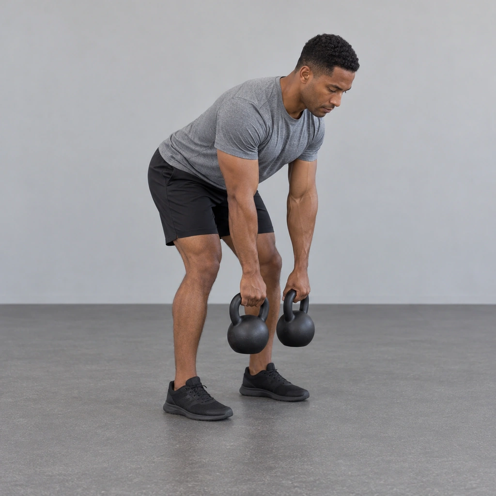 A man hinged forward at the hips with a straight back, both arms hanging down with slightly bent elbows and a kettlebell hanging from each hand.
