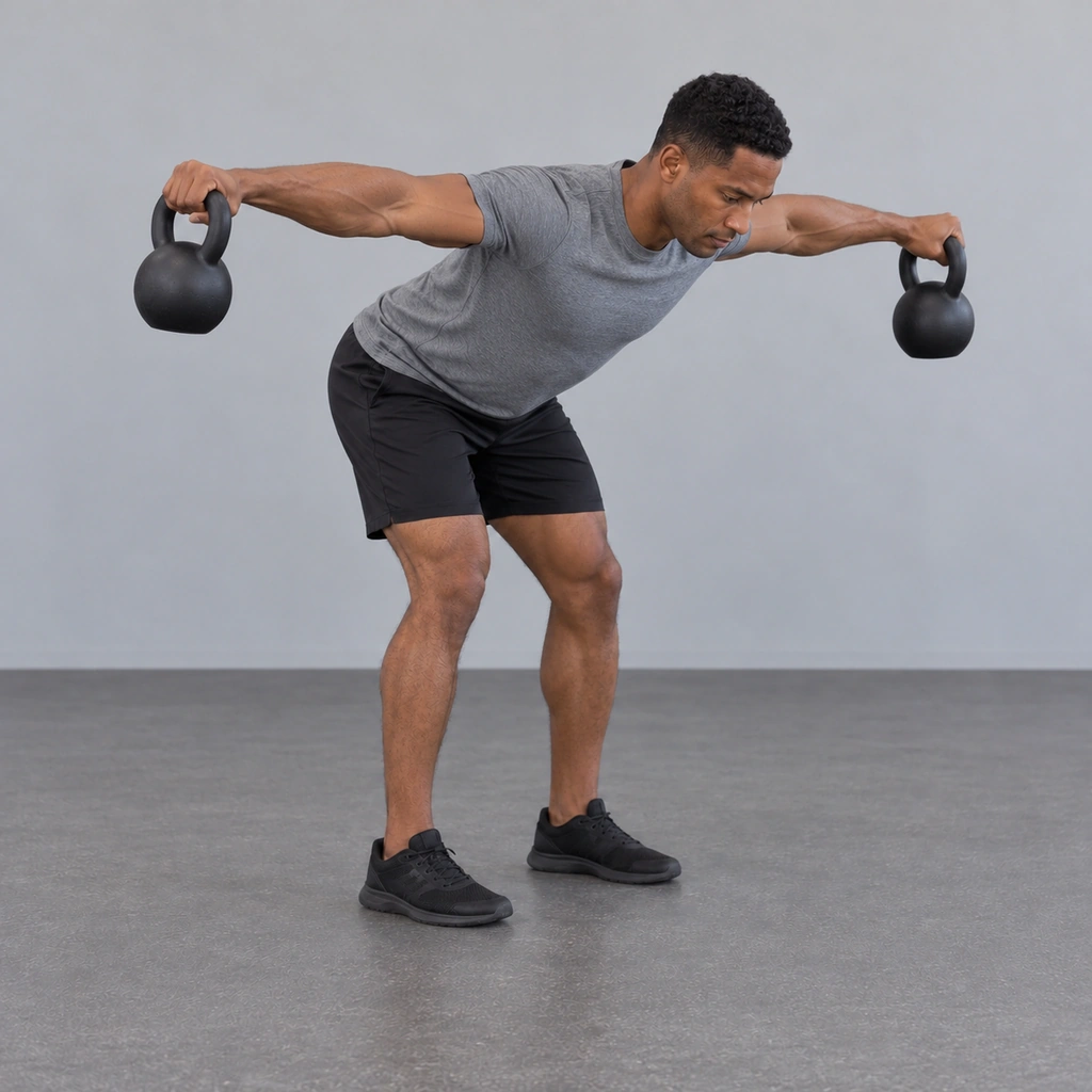 The same man still hinged forward, both nearly straight arms raised out to the sides level with his shoulders, a kettlebell hanging from each hand.