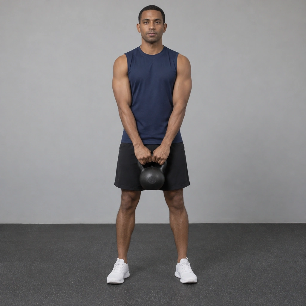 A man standing upright, gripping a kettlebell with both hands, arms fully extended down in front of his thighs.