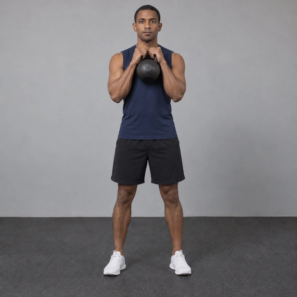 The same man, both elbows now fully flexed, hands raised to shoulder height, the kettlebell close to his chest.
