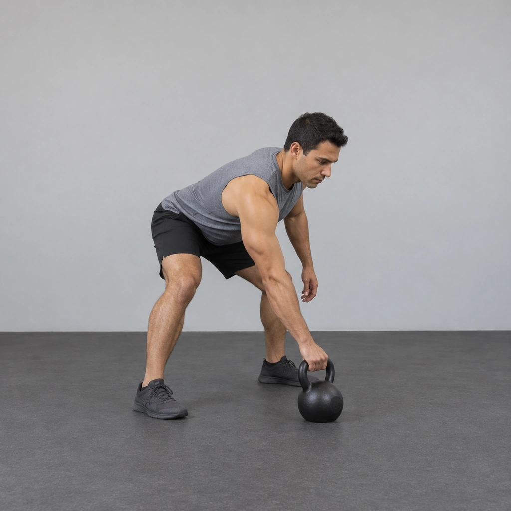 A man in a wide stance, hinged forward, gripping a kettlebell on the floor ahead of his feet.