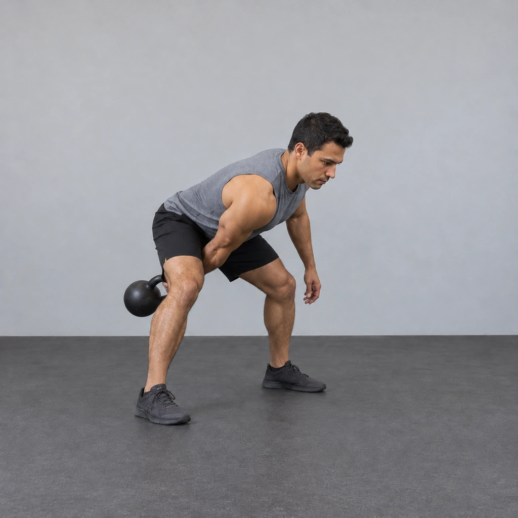 The same man hinged deeper with the kettlebell swung back between his legs behind his hips.