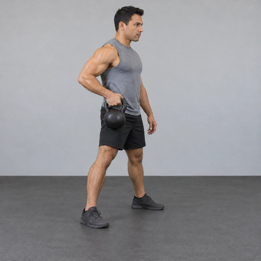 The man standing up with the kettlebell close beside his right hip and his arm turning under it.