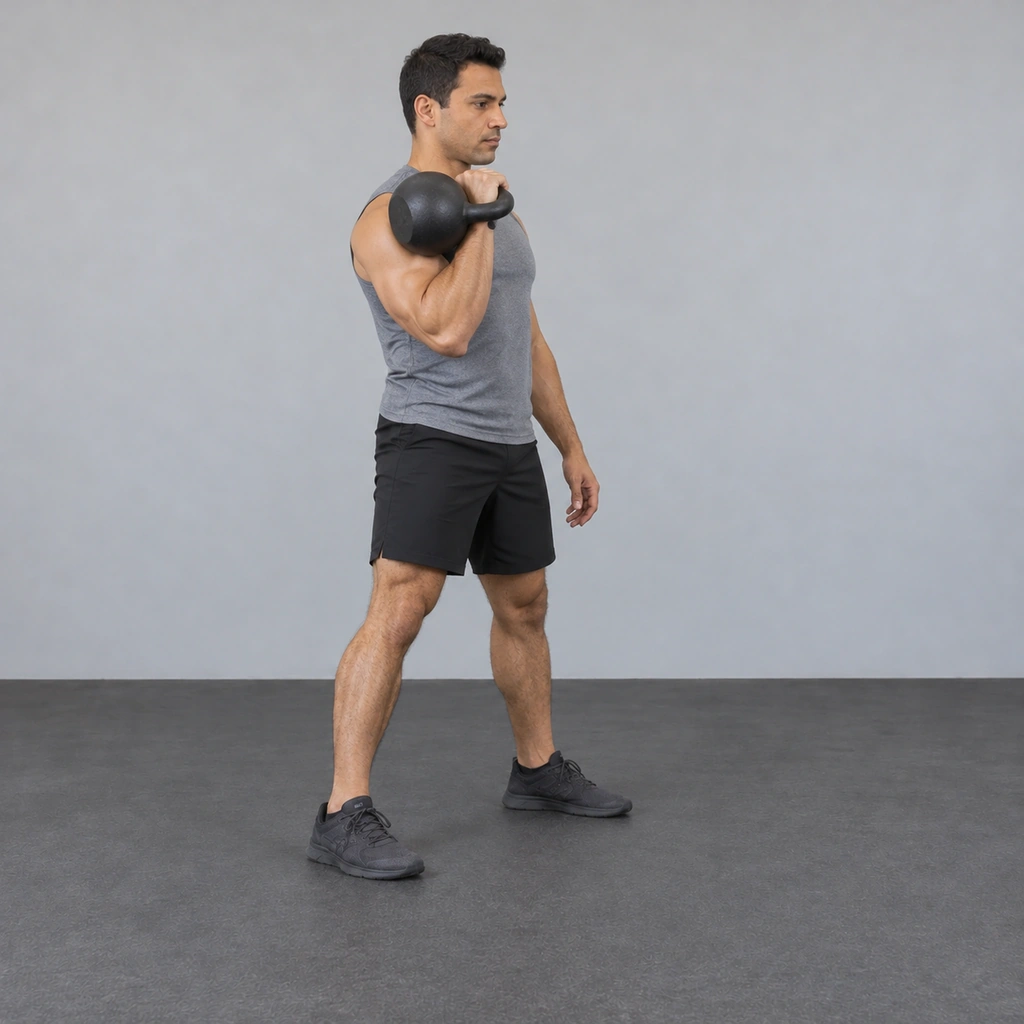 The man standing tall with the kettlebell resting at his right shoulder in the rack position.