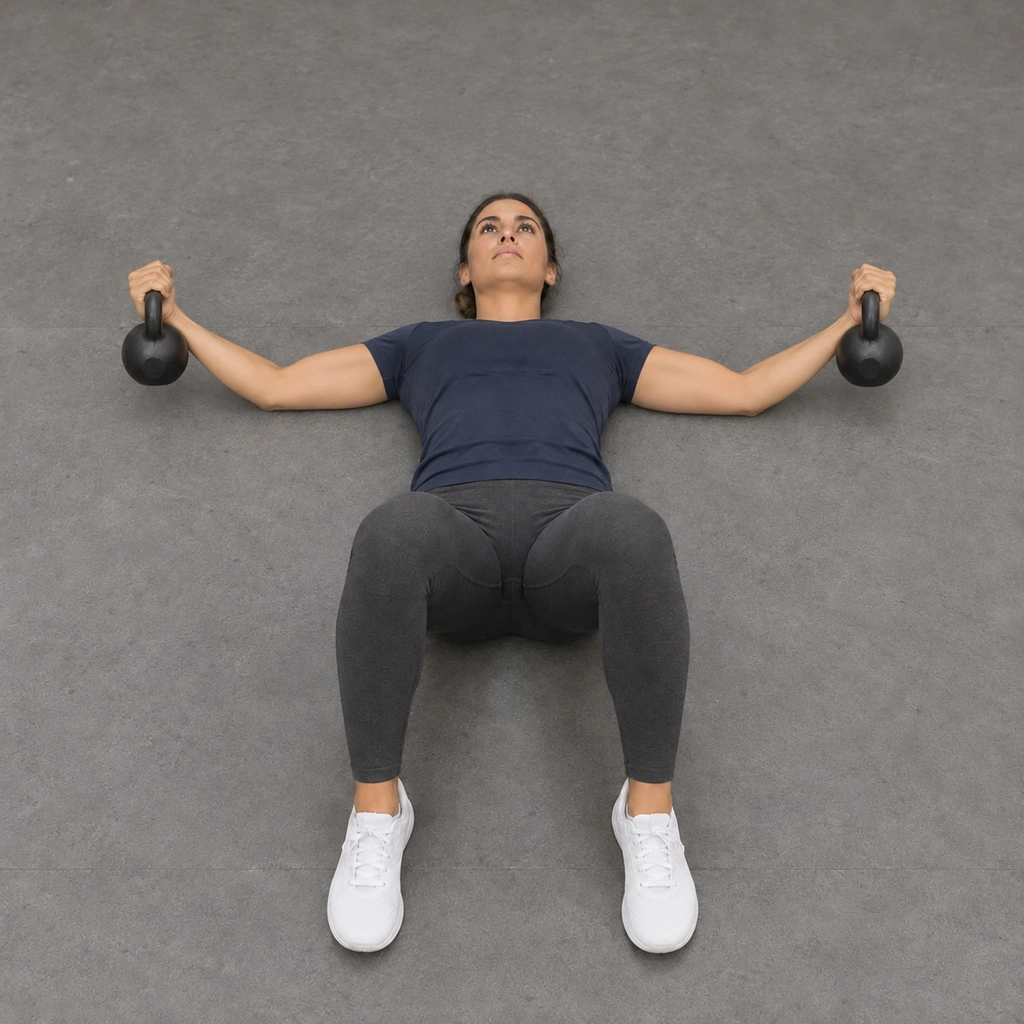 The same woman with her arms opened wide on the floor at her sides, upper arms resting on the floor, a kettlebell in each hand.
