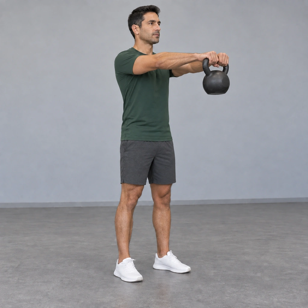 The same man, both arms reaching straight forward at shoulder height with the kettlebell hanging below the handle in front of his chest.