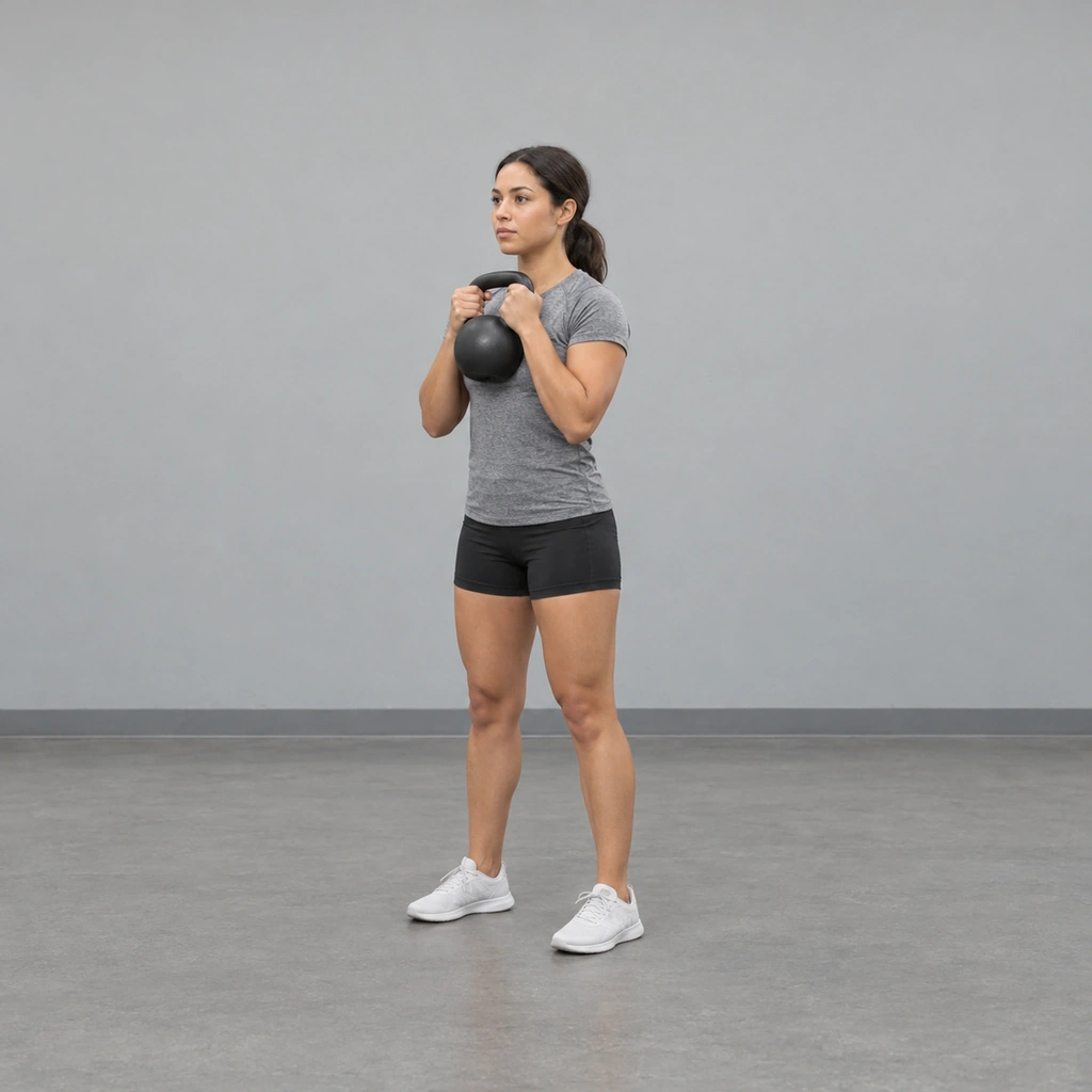 A woman standing tall, feet shoulder-width apart, both hands gripping the handle of a kettlebell held against her chest.