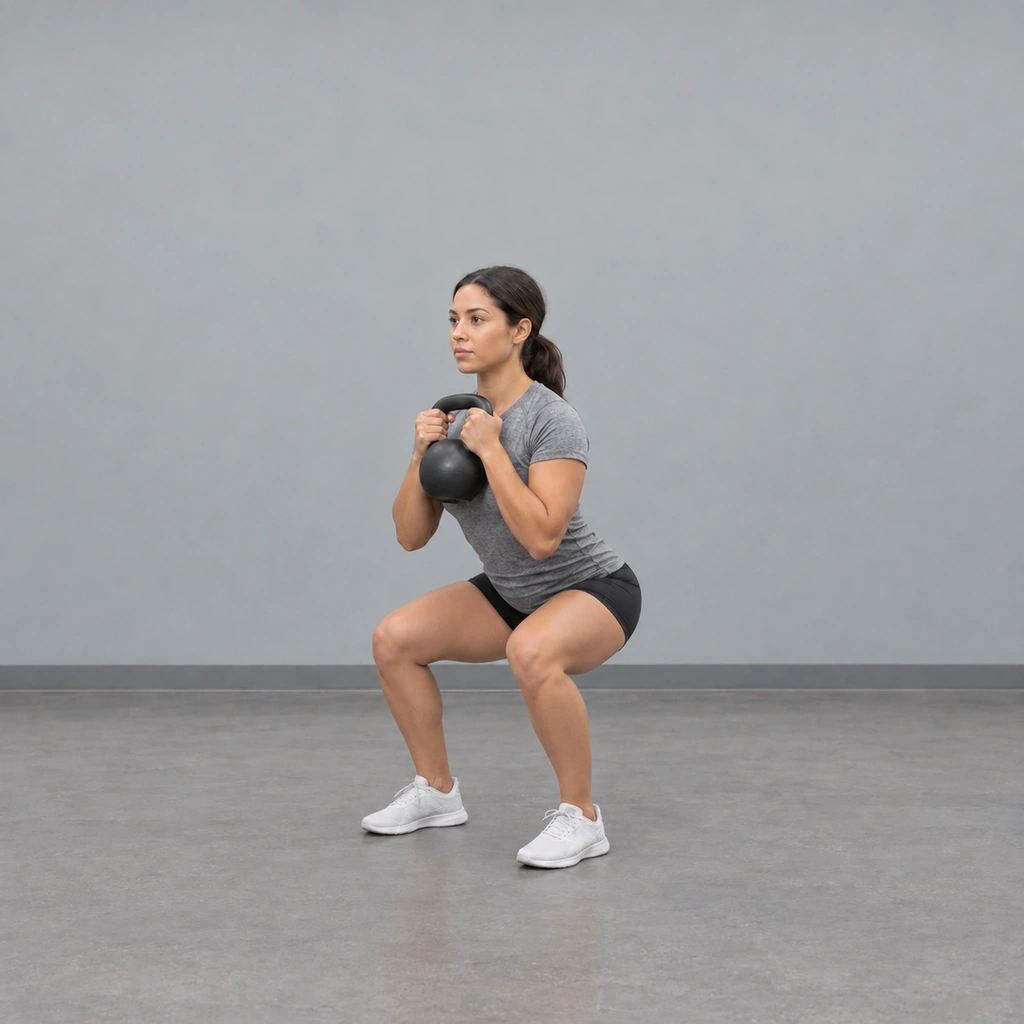 The same woman in a deep squat, thighs level with the floor, still holding the kettlebell at her chest.