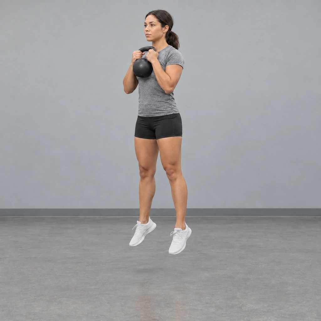 The same woman in the air, both feet clear of the floor with her body extended, still holding the kettlebell at her chest.