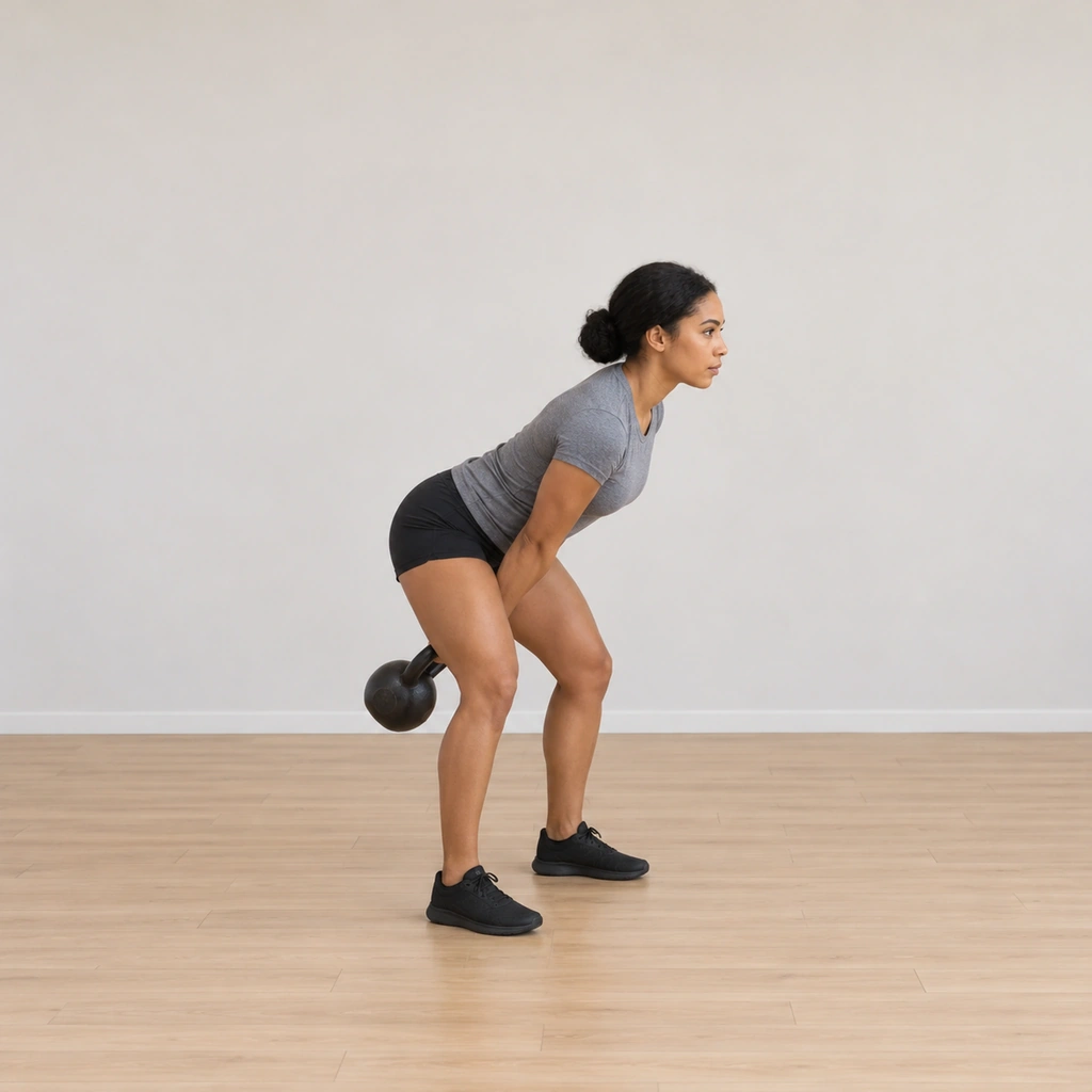 She hinges at the hips with the kettlebell hiked back between her legs on a relaxed straight arm, torso tilted.