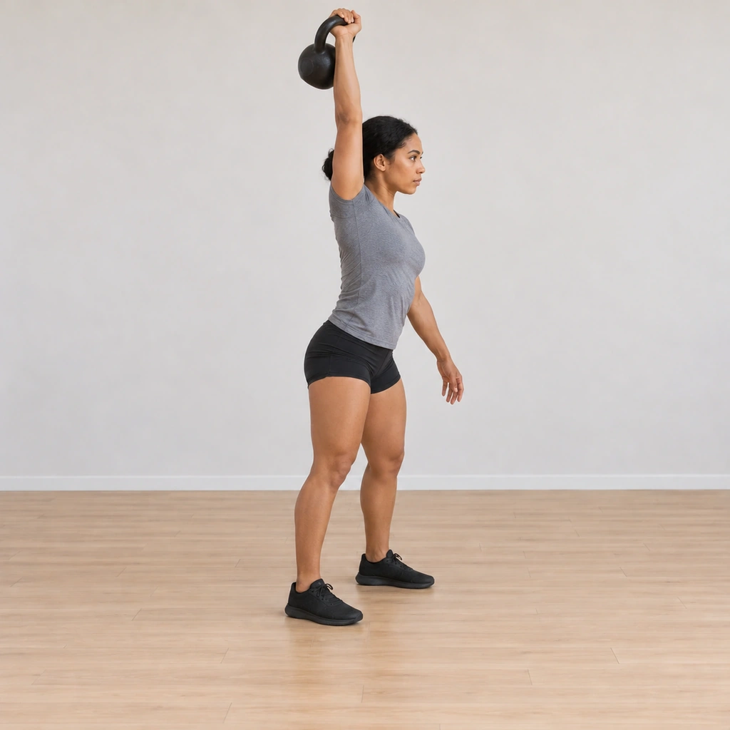 She stands extended with one arm straight overhead, the kettlebell caught overhead as her hips drive through.