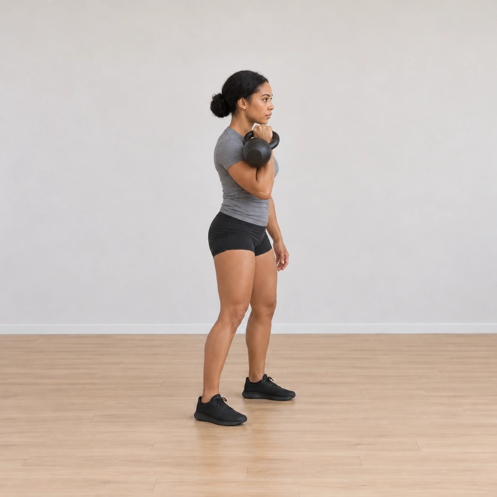 She draws the kettlebell down in a controlled arc, receiving it into the rack against her forearm and shoulder like a press negative.