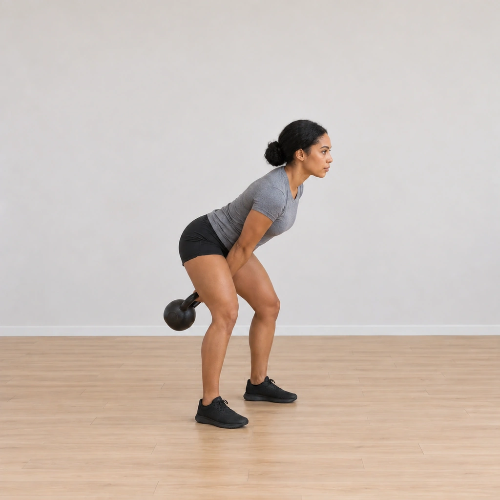 She lets the kettlebell drop off the rack and swings it back between her legs into the hike for the next rep.