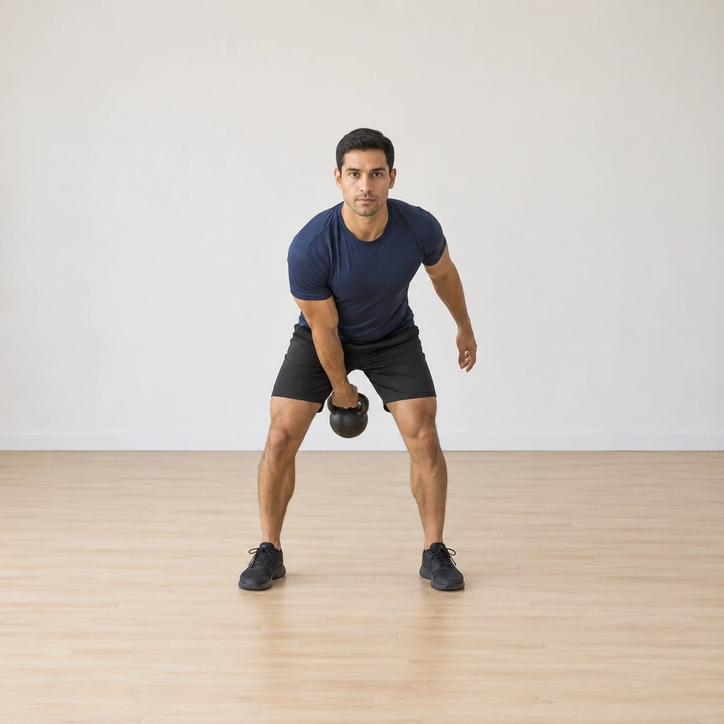 He stands hinged: feet planted shoulder-width, the kettlebell gripped in his right hand swinging back between his thighs, left arm free, torso hinged forward, shoulders square.