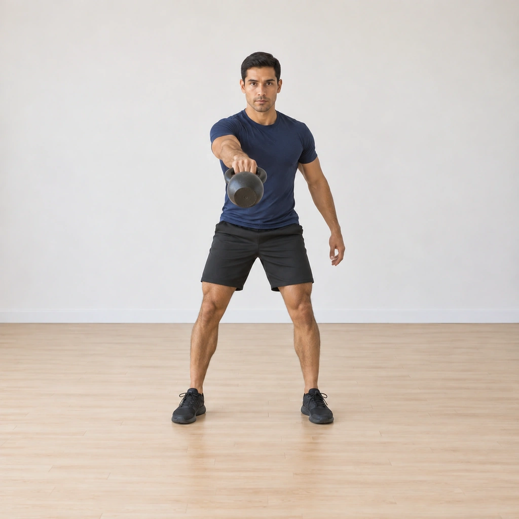 He drives through the hips: body extending upright, the kettlebell arcing forward and up on his straight right arm toward apex, left arm free at his side, shoulders still square.