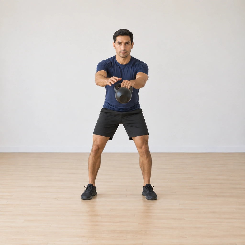He is at the apex switch: the bell floating weightless at chest height, his right hand releasing and his left hand arriving on the handle, shoulders square, core braced.