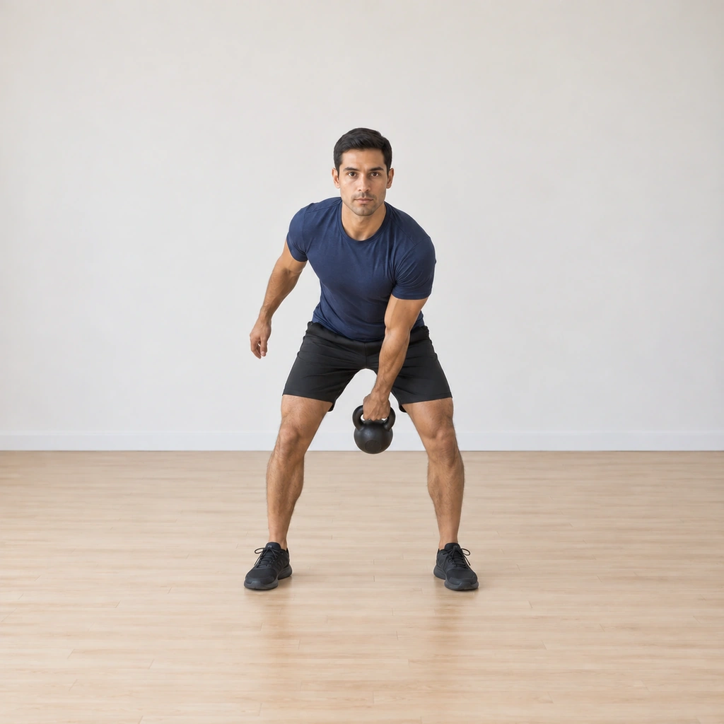 He continues on the left hand: the kettlebell swinging back down between his thighs on the left arm as the hips hinge to reload, the right arm free, shoulders square, rhythm unbroken.