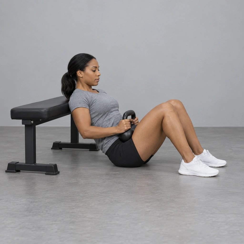 A woman sitting on the floor with her upper back against the edge of a bench, knees bent and both feet flat, holding a kettlebell on her lap with both hands.