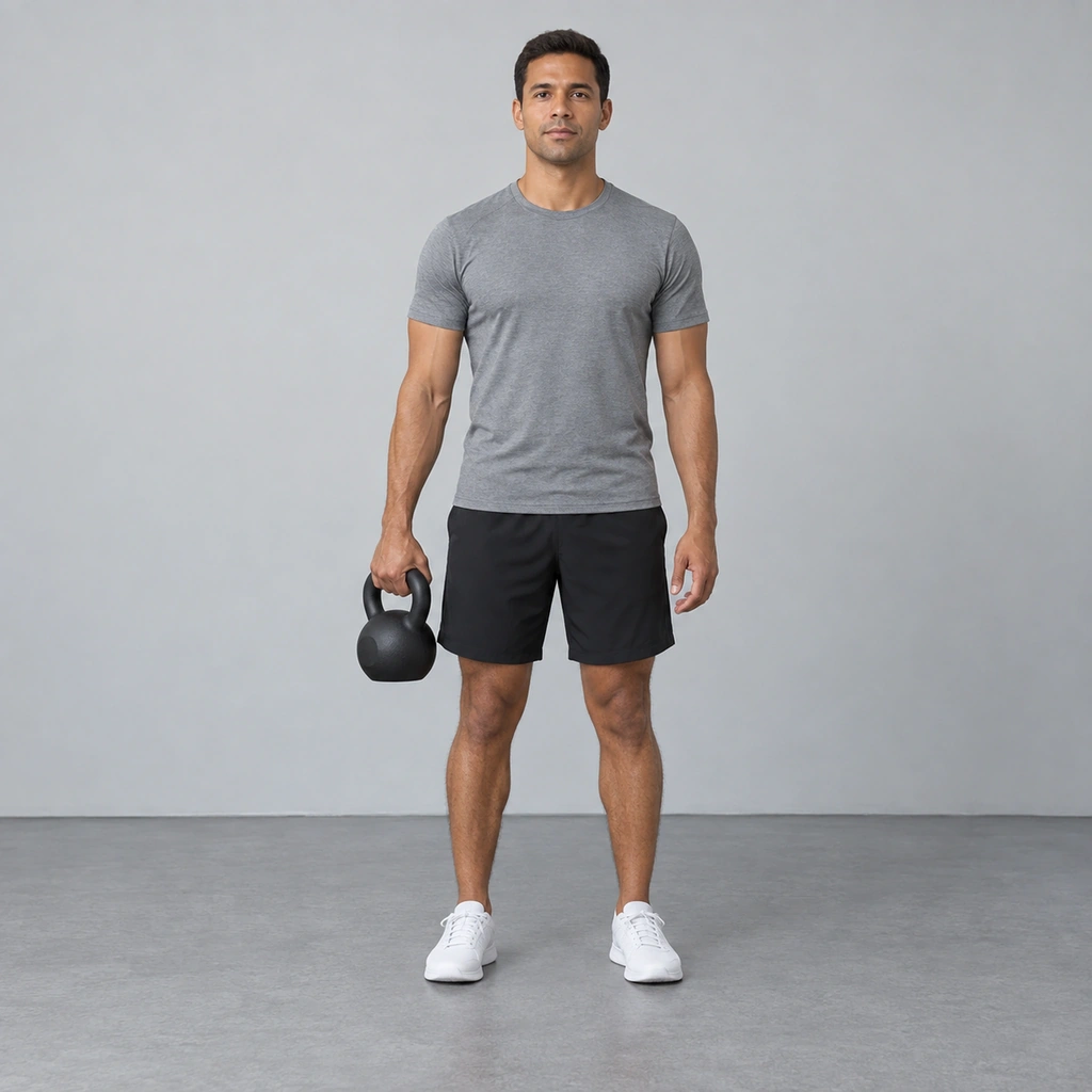 A man standing tall with a kettlebell in his right hand hanging at his side and his left hand empty.