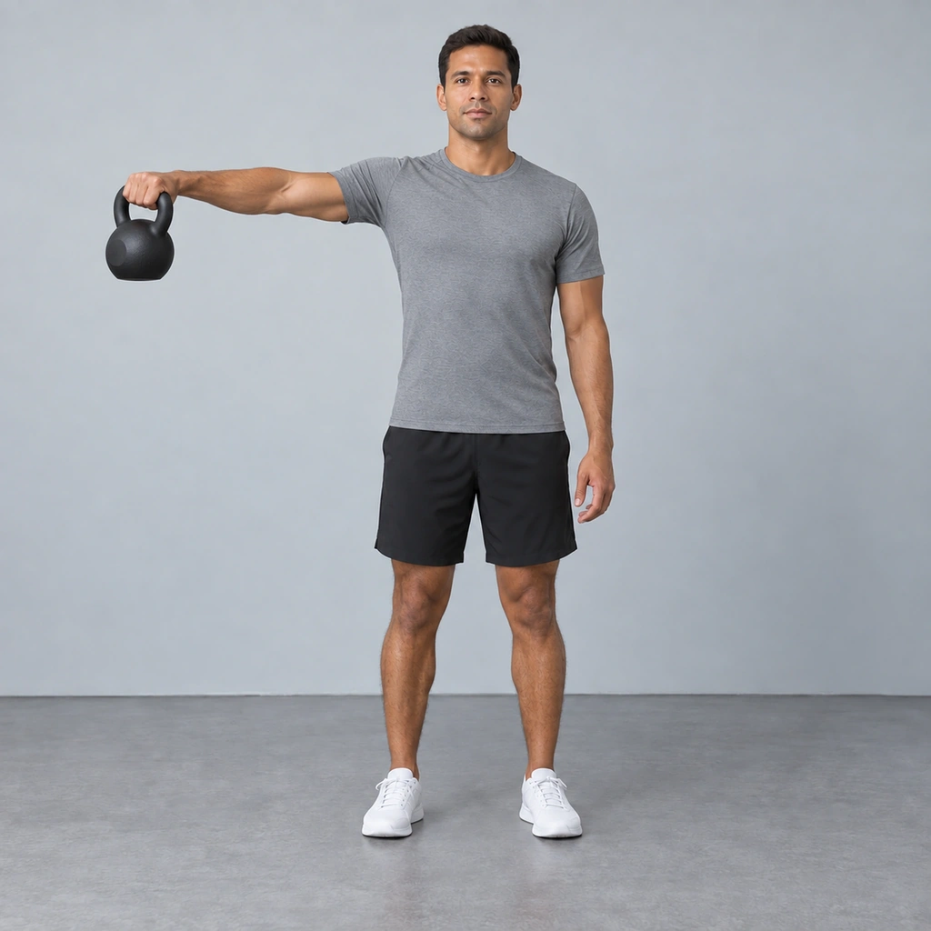 The same man with his right arm lifted out to the side at shoulder height, holding the kettlebell with the bell hanging below his fist.